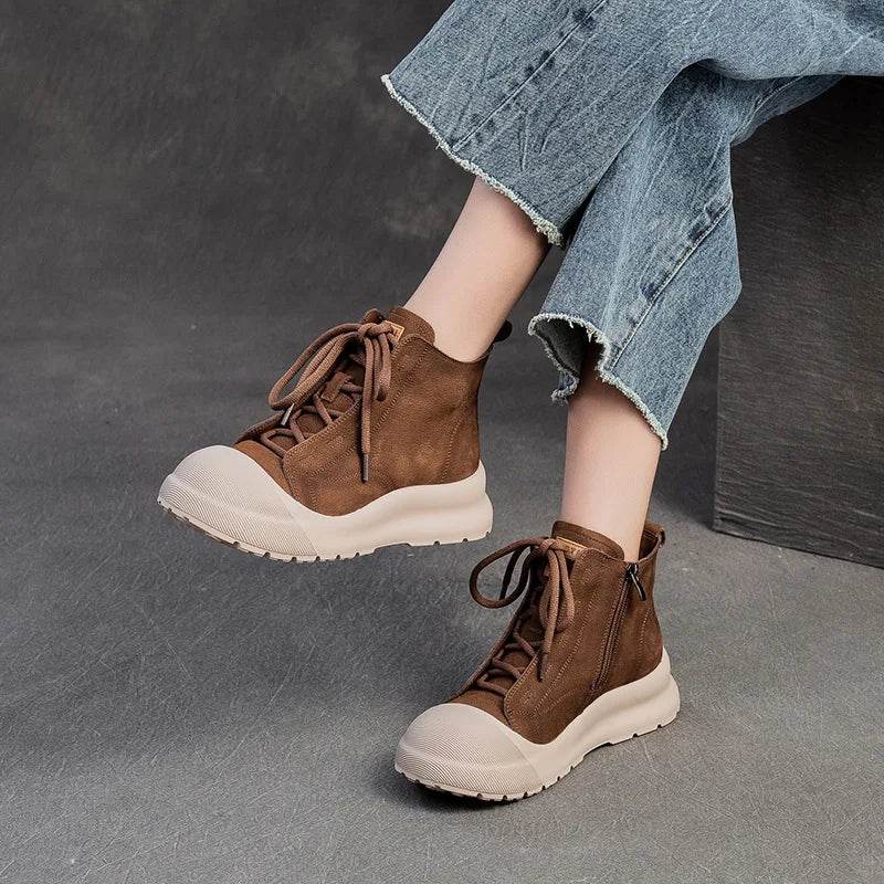 Autumn Retro Genuine Leather Short Boots Lace-Up High Top Comfortable Sneakers Thick Sole Platform Women&