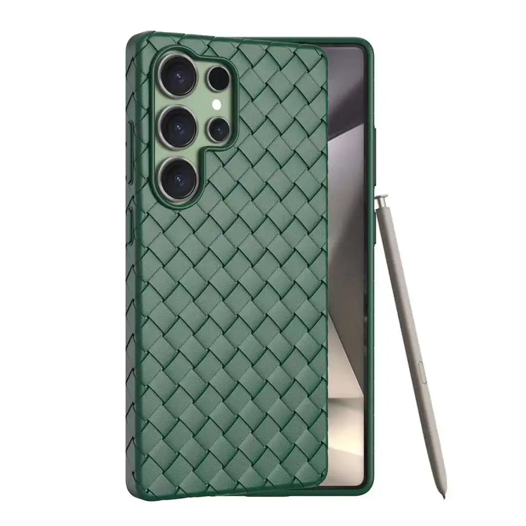Luxury Leather Breathable Phone Case For Samsung Galaxy S25 Ultra Plus Weave Pattern Mesh Grid Heat Dissipation Cooling Cover
