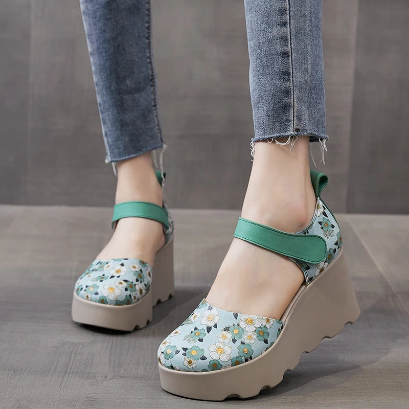Women Sandals Genuine Leather New Summer Women Shoes hook & loop Retro Wedges Casual Print Platform Ladies Sandals