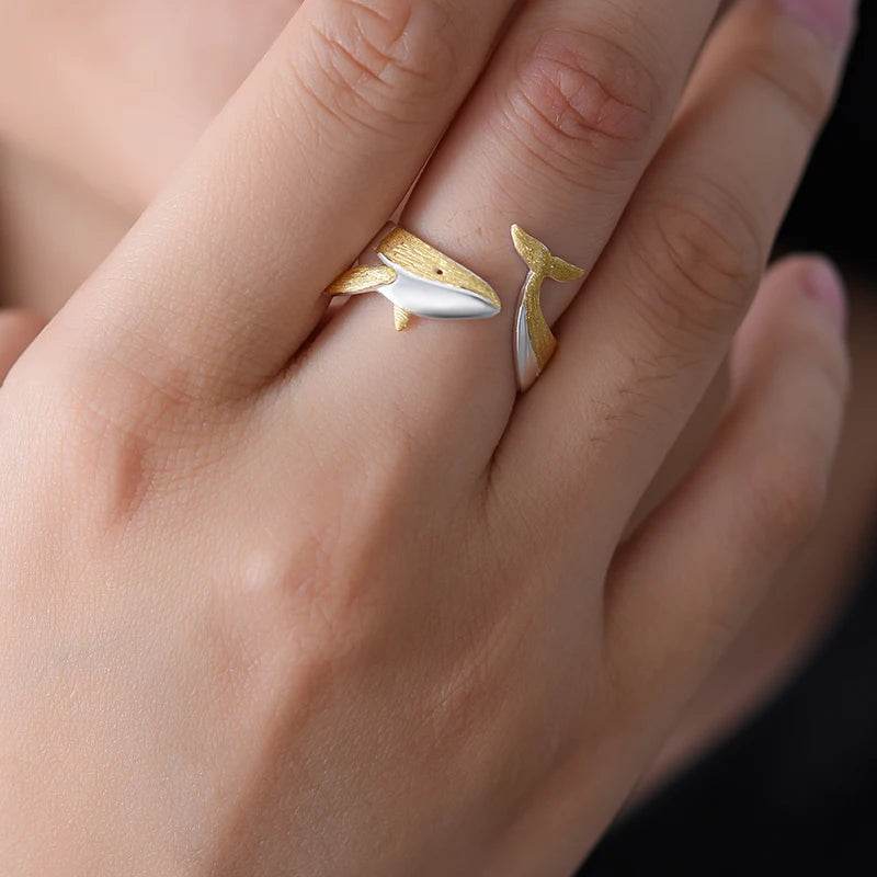 Lotus Fun 18K Gold Personality Whale Dating Adjustable Rings for Women Original 925 Sterling Silver Luxury Quality Fine Jewelry - Touchy Style