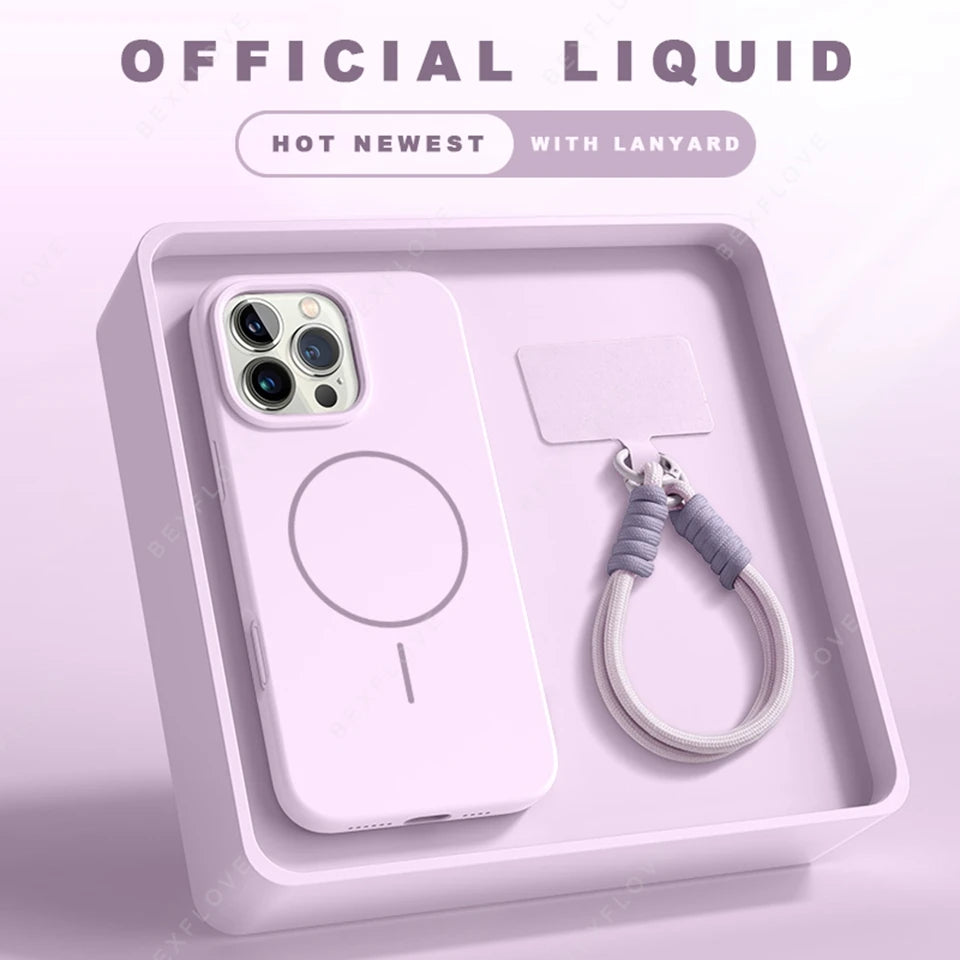 New Magnetic Lanyard Phone Case For iPhone 15 14 16 Plus 11 12 13 16 Pro Max Magsafe Liquid Silicone Strap Protector Soft Cover