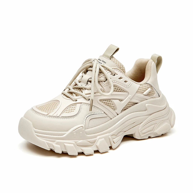 BeauToday Chunky Sneakers Women Synthetic Leather Mesh Patchwork Round Toe Lace-Up Thick Sole Ladies Sports Shoes Handmade 29448