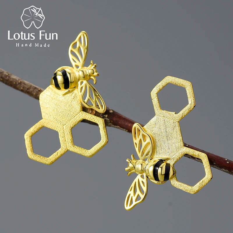 Lotus Fun 18K Gold Unusual Asymmetrical New Honeycomb and Bee Stud Earrings for Women Original Real 925 Sterling Silver Jewelry - Touchy Style