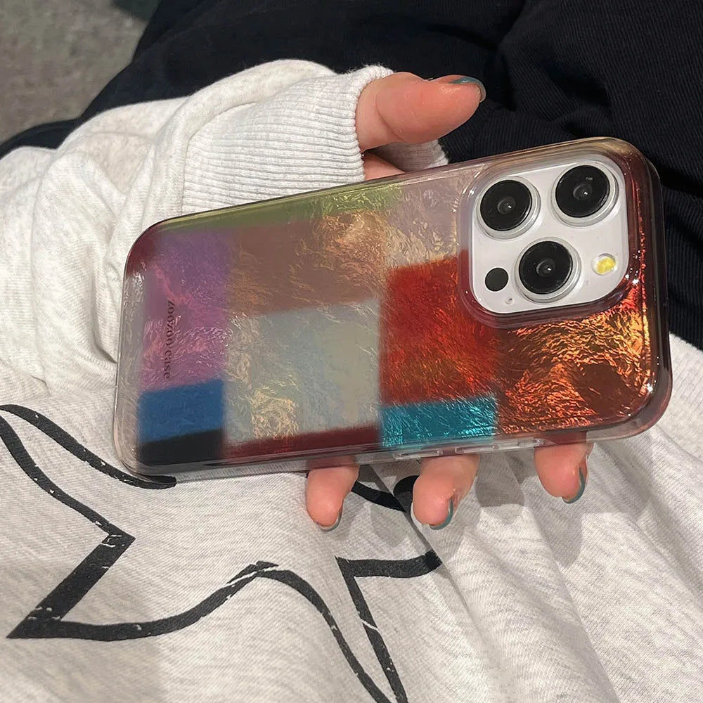 Vortex Pattern Color Grid Splicing Case For iPhone 16 Pro Max 15 14 13 12 Cover Cute Dopamine Color Block Match Plaid Soft Phone