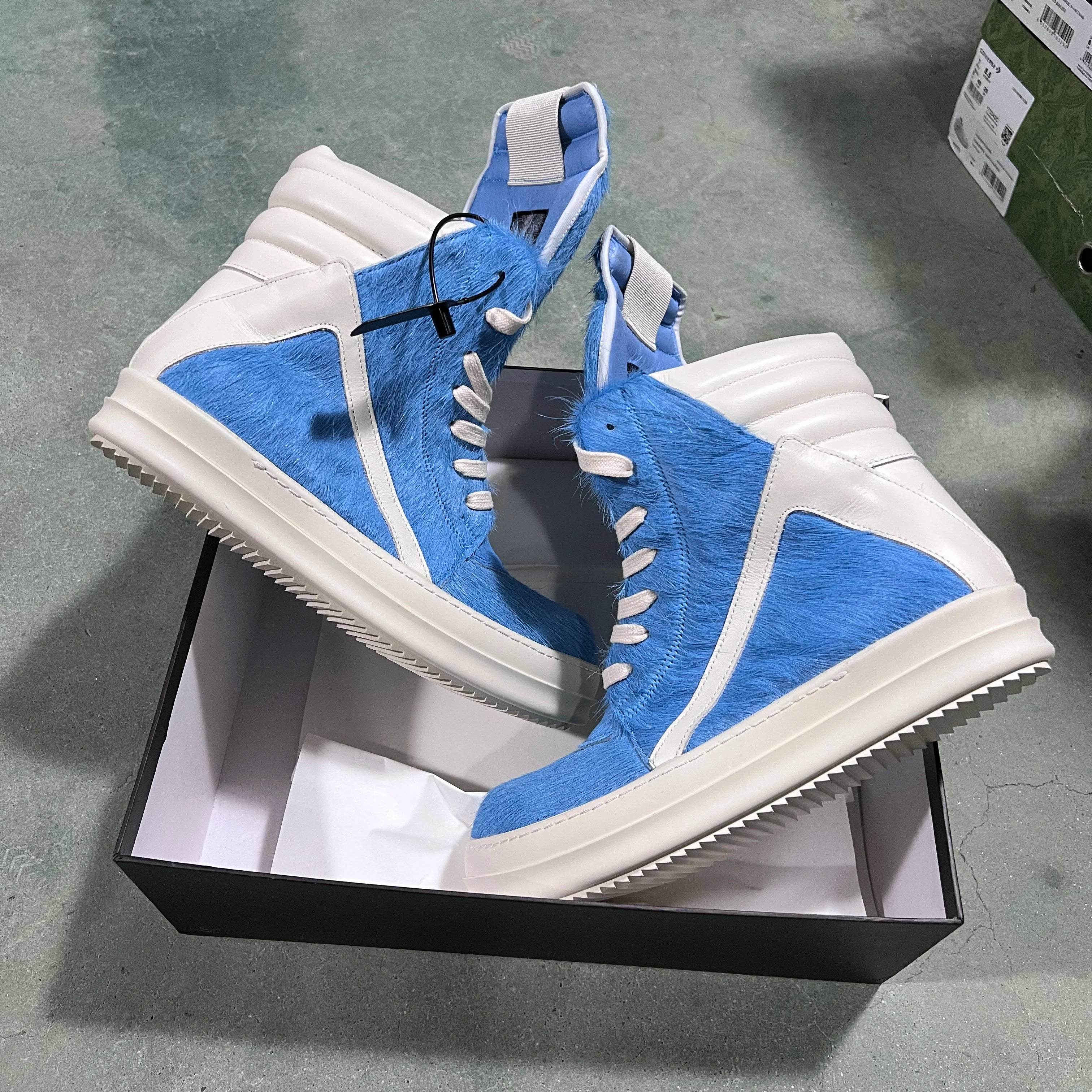 Brand Women Sneaker Horse Fur Casual Roman High Top Men Shoe Leather Geobasket Blue Zip Designer Quality Thick-sole Ankle Boot - Touchy Style