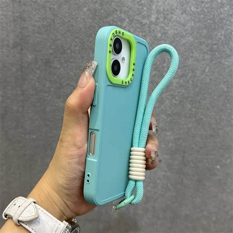Collision Color Lens Protector Soft Case For iPhone 16 15 ProMax 14 Plus 13 12 11 Xs Max Xr X Luxury Wrist Strap Lanyard Cover