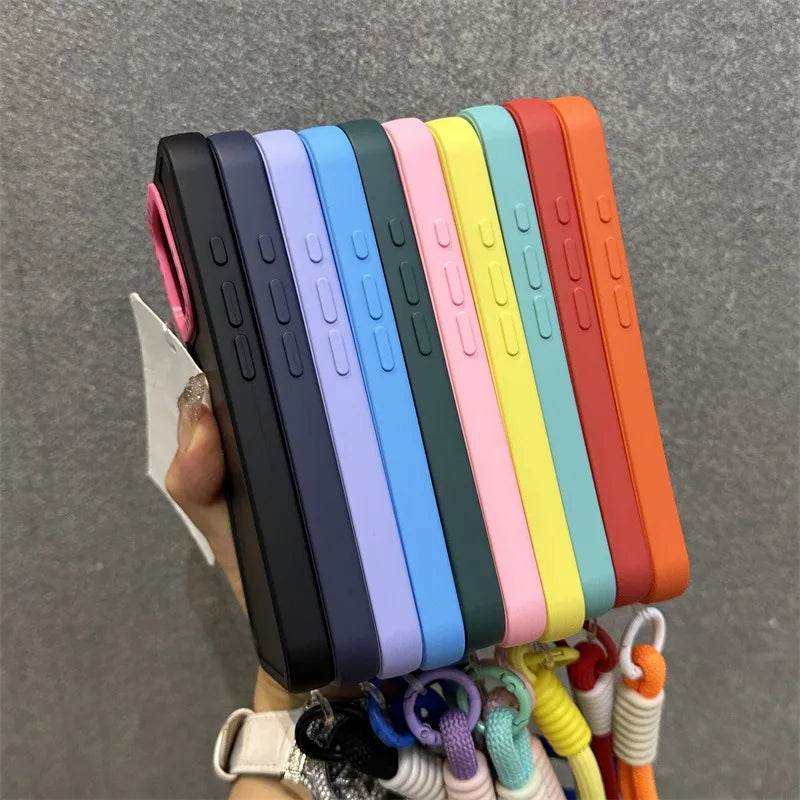 Collision Color Lens Protector Soft Case For iPhone 16 15 ProMax 14 Plus 13 12 11 Xs Max Xr X Luxury Wrist Strap Lanyard Cover