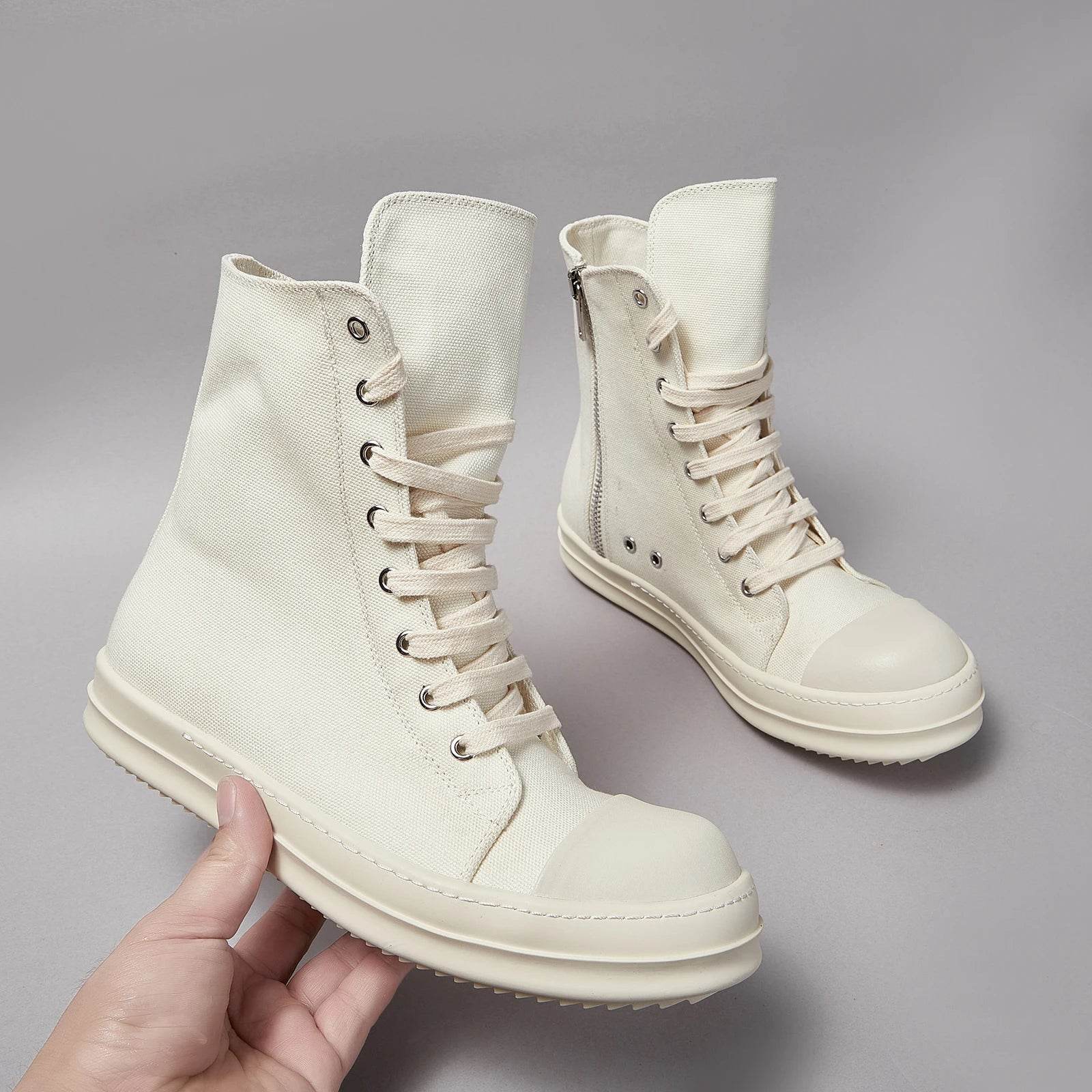 Brand Men Shoe Casual High Top Women Sneaker Quality White Designer O-wen Street New Fashion Zip Flat Canvas Brand Ankle Boot - Touchy Style