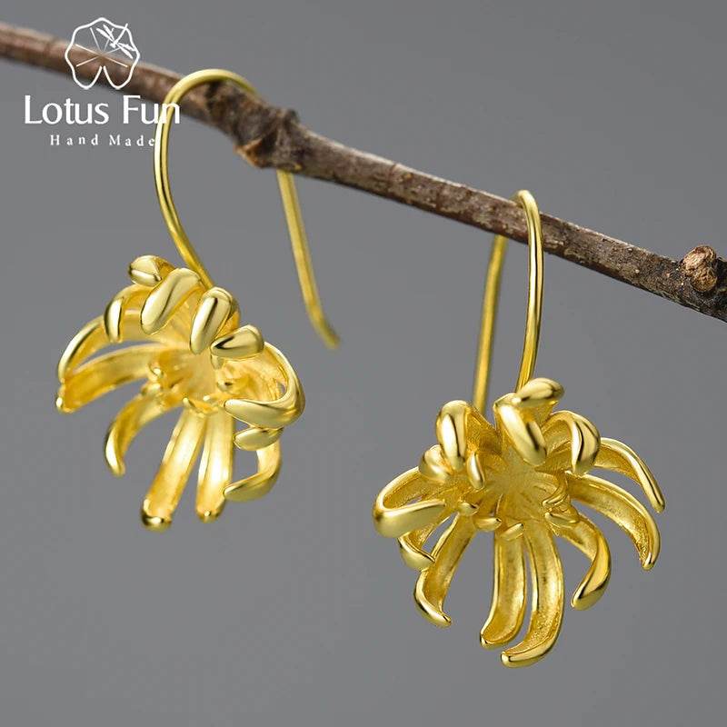 Lotus Fun Original 18K Gold Elegant Chrysanthemum Flower Dangle Earrings for Women Real 925 Sterling Silver Party Fine Jewelry - Touchy Style