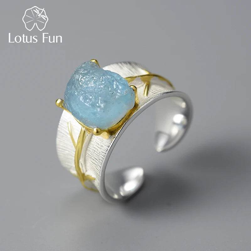 Lotus Fun Long Leaves Natural Aquamarine Gemstone Adjustable Rings for Women 925 Sterling Silver Original Luxury Fine Jewelry - Touchy Style