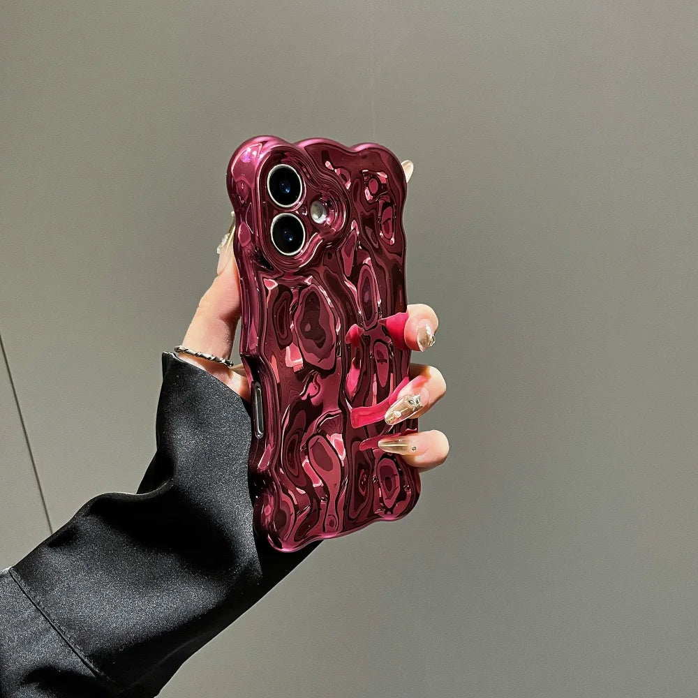 Luxury Curved Waves 3D Bubble Plating Glossy Phone Case For iPhone 16 15 Plus 14 13 12 Pro Max 11 Shockproof Soft Bright Cover