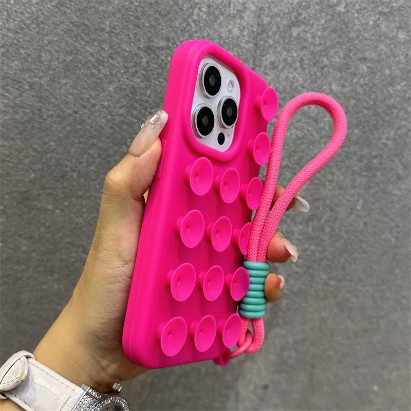 Fashion Cute Candy Liquid Silicone Suction Cup With Wrist Strap Case For iPhone 15 14 11 12 13 16 Pro Max Plus Solid Color Cover