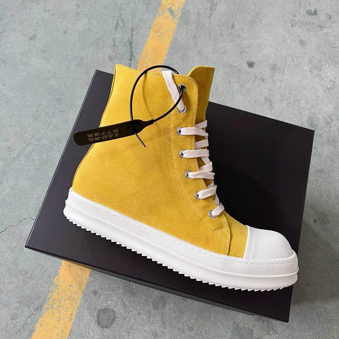 Brand Men Shoe Casual High Top Women Sneaker Yellow Ankle Boot Fashion Zip Thick-sole Ricks Summer Owens Cowhide Flat Shoe - Touchy Style
