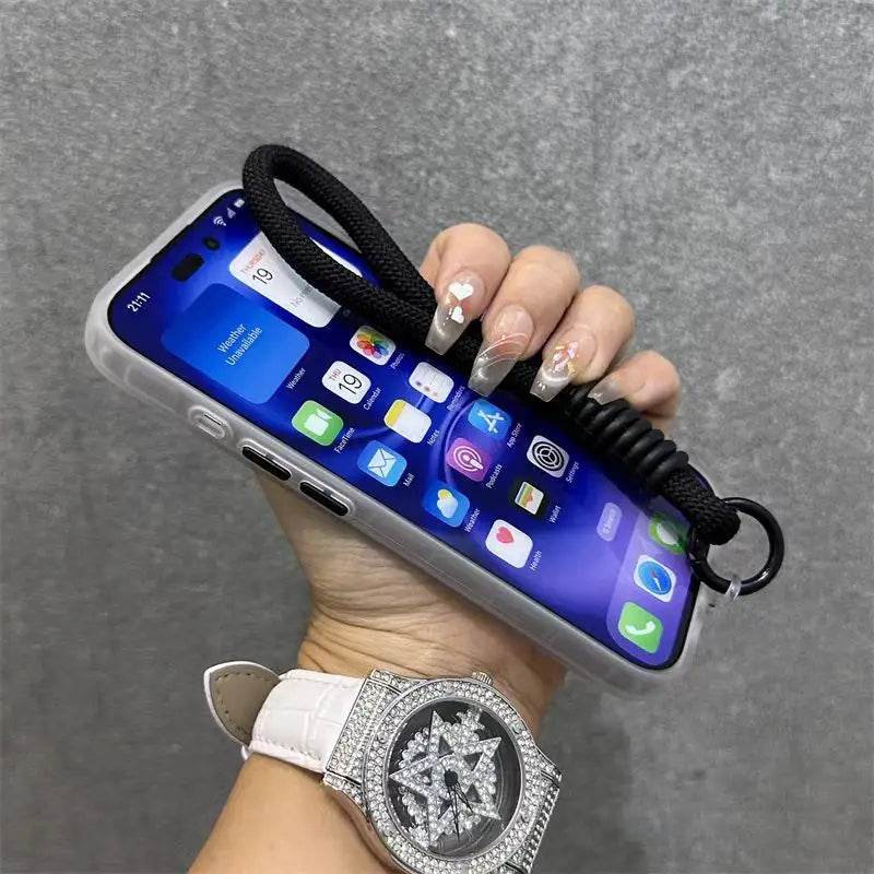 Wrist Strap Laser Diamond Pattern Case For iPhone 16 15 14 13 12 11 Pro Max Plus Dopamine Short Lanyard Shockproof Glitter Cover