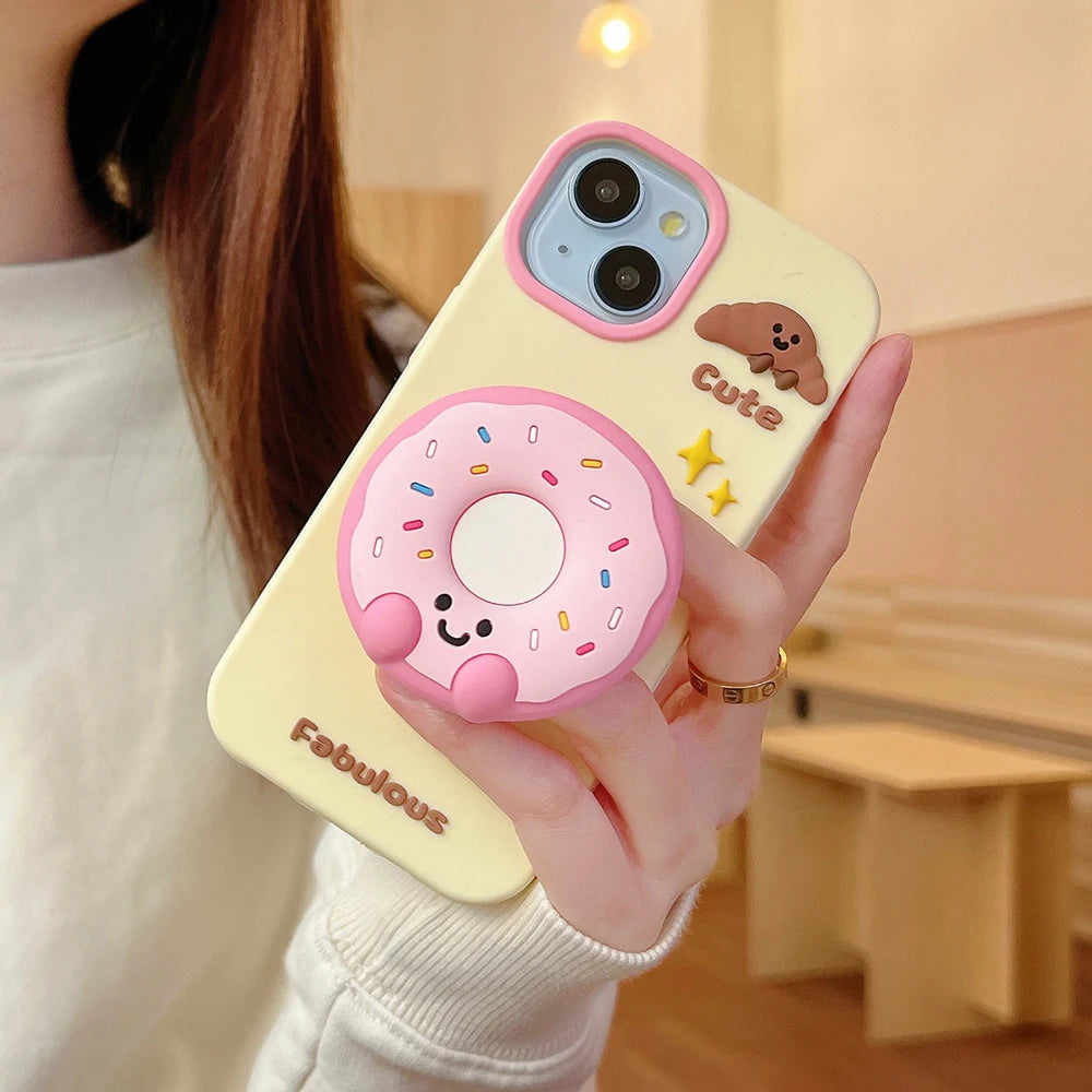 Cute Sweet Fabulous Donut Cookies Bread Cake Case For iPhone 16 15 14 Plus 13 12 Pro Max Soft Silicone Cover With Stand Holder