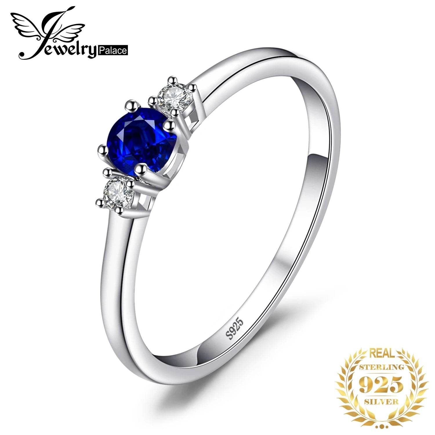 JewelryPalace Created Blue Sapphire 925 Sterling Silver 3 Stones Promise Ring for Women Fashion Gemstone Jewelry Wedding Gift - Touchy Style