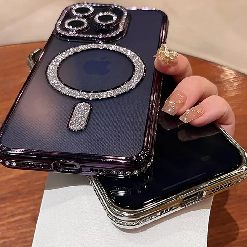 SCCPC1039 Cute Phone Case for iPhone 16, 15, 14, 13, 12, or 11 Pro Max Plus - Diamond Glitter Magnetic Charging Cover