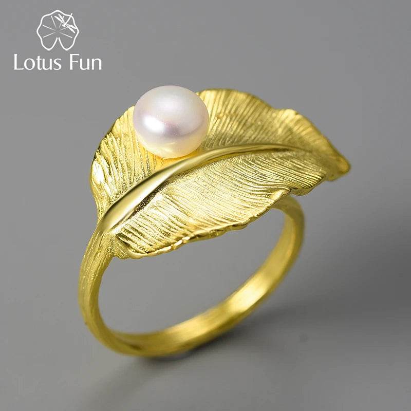 Lotus Fun 18K Gold Natural Pearl Adjustable Wedding New Leaf Rings for Women Real 925 Sterling Silver Dating Luxury Fine Jewelry - Touchy Style