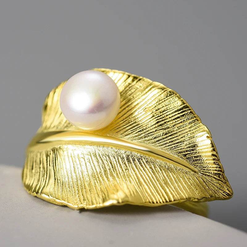 Lotus Fun 18K Gold Natural Pearl Adjustable Wedding New Leaf Rings for Women Real 925 Sterling Silver Dating Luxury Fine Jewelry - Touchy Style