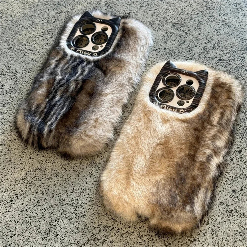 Cute Cat Fluffy Gradient Plush Phone Case For iphone 16 15 13 12 Pro Max 14 Plus 11 Girl Winter Warm Cover Cartoon Soft Shell