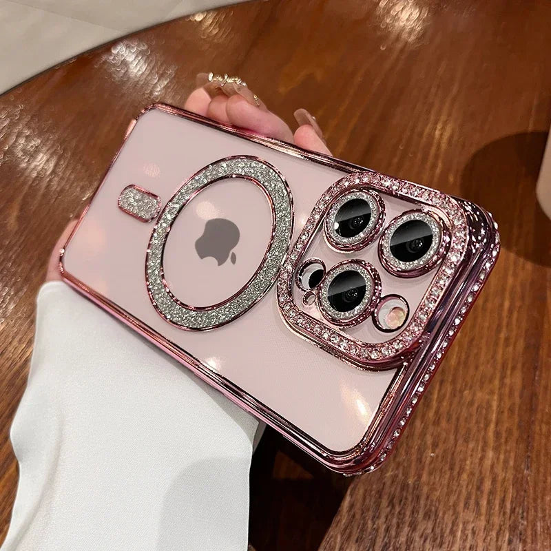 SCCPC1039 Cute Phone Case for iPhone 16, 15, 14, 13, 12, or 11 Pro Max Plus - Diamond Glitter Magnetic Charging Cover