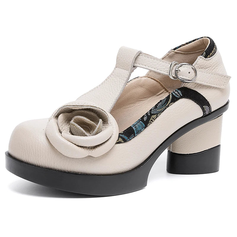 Spring Women Pumps Retro Lady 7CM High Heels Buckle Strap Flower Pumps Handmade Women Genuine Leather Shoes