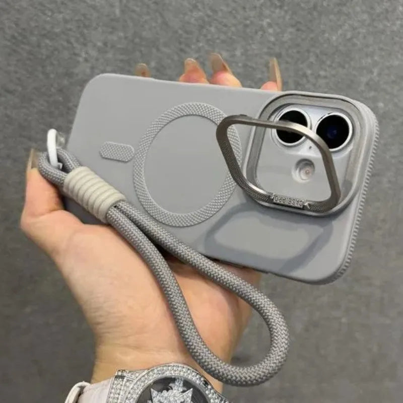 Luxury Camera Lens Stand Holder For Magsafe Case for iPhone 16 15 14 Plus 13 12 Pro Max 11 Matte Soft Lanyard Strap Band Cover