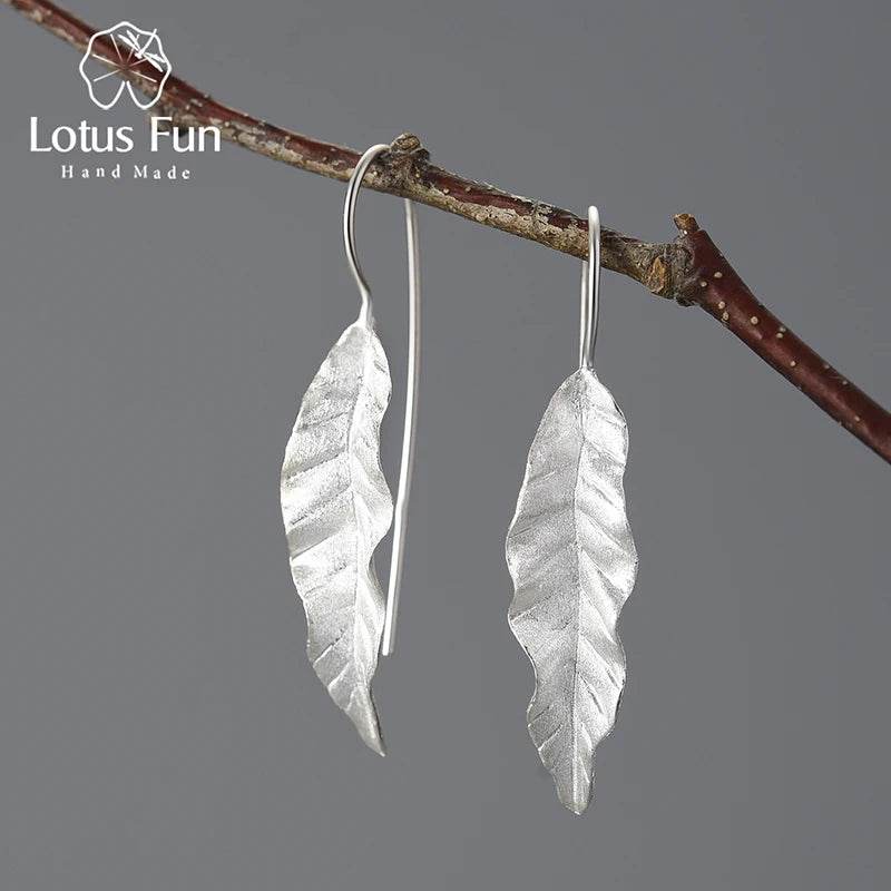 Lotus Fun 18K Gold Unusual New Long Green Ash Leaves Dangle Earrings for Women 925 Sterling Silver Luxury Quality Fine Jewelry - Touchy Style