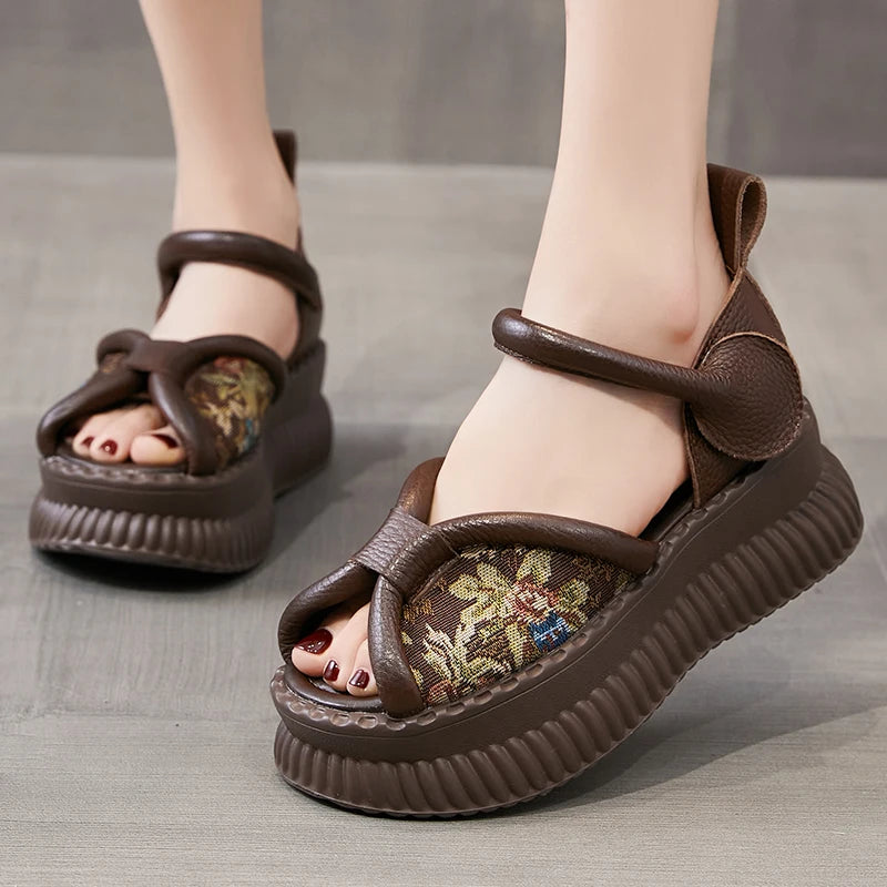 Summer New Versatile Genuine Leather Peep Toe Sandals Retro Comfortable Thick Soled Hook & Loop Women&