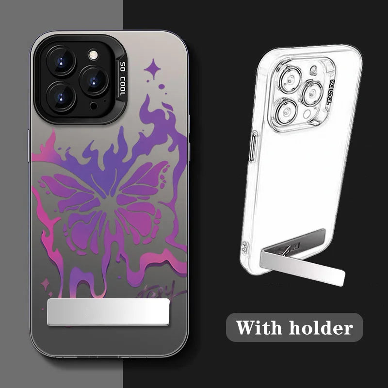 Purple Butterfly Phone Holder Case for iPhone 15 16 14 13 12 11 Pro Max X Xs Max XR 7 8 Plus Mini Luxury Aurora Stand Cover