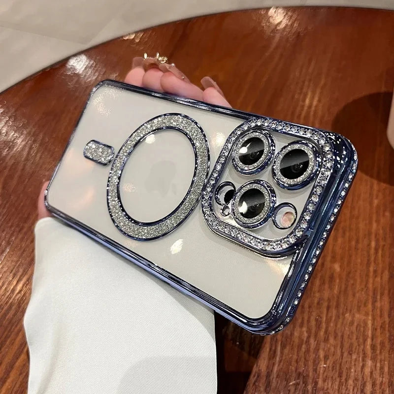 SCCPC1039 Cute Phone Case for iPhone 16, 15, 14, 13, 12, or 11 Pro Max Plus - Diamond Glitter Magnetic Charging Cover