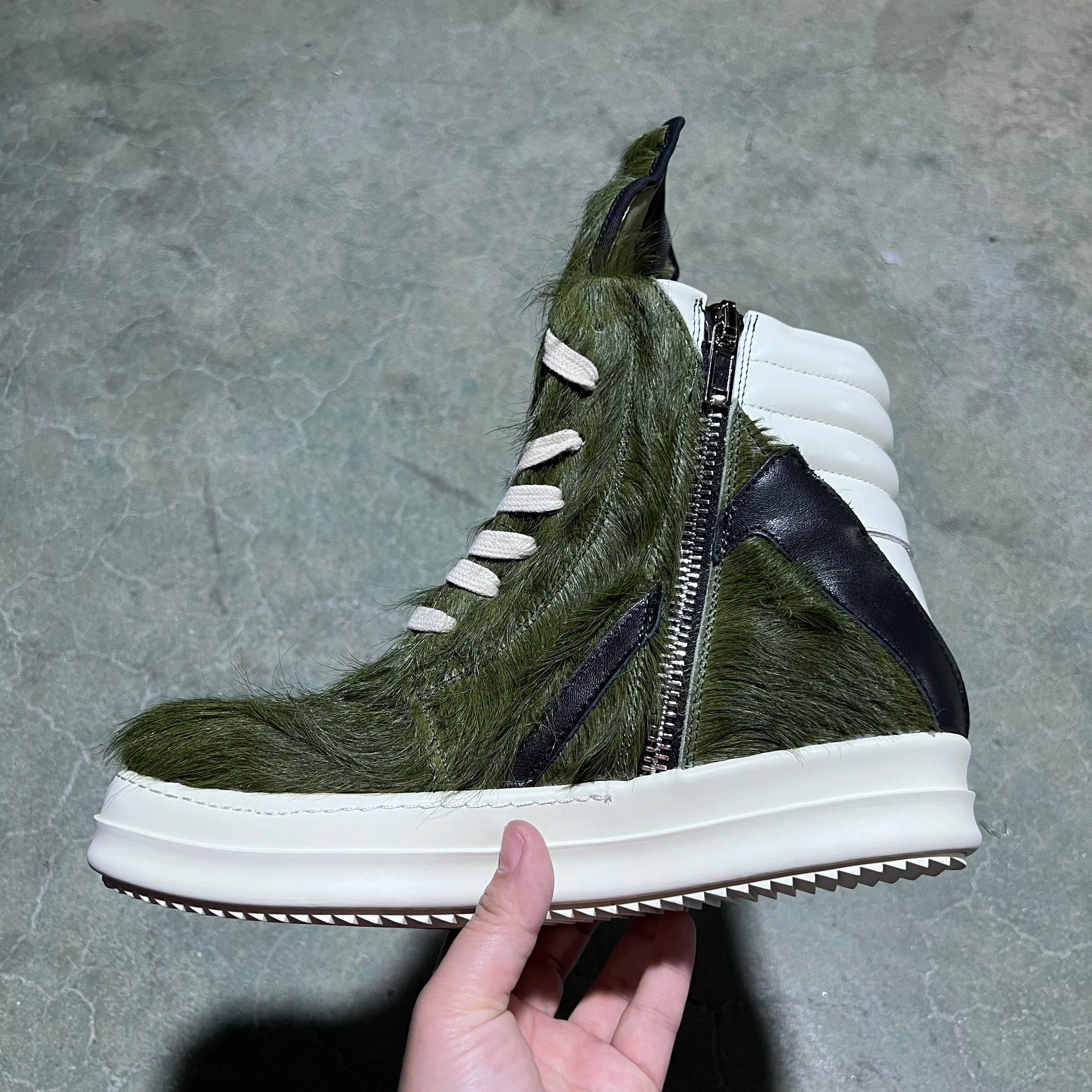Brand Women Designer Ankle Boot Horse Fur Casual High Top Men Sneaker Leather Geobasket Army Green Zip Quality Thick-sole Shoe - Touchy Style