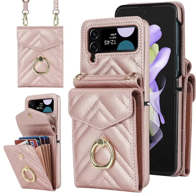 BCPC947 Cute Phone Cases for Galaxy Z Flip 5, Galaxy Z Flip 4, and Galaxy Z Flip 3 - Luxury Crossbody Leather Wallet Cover