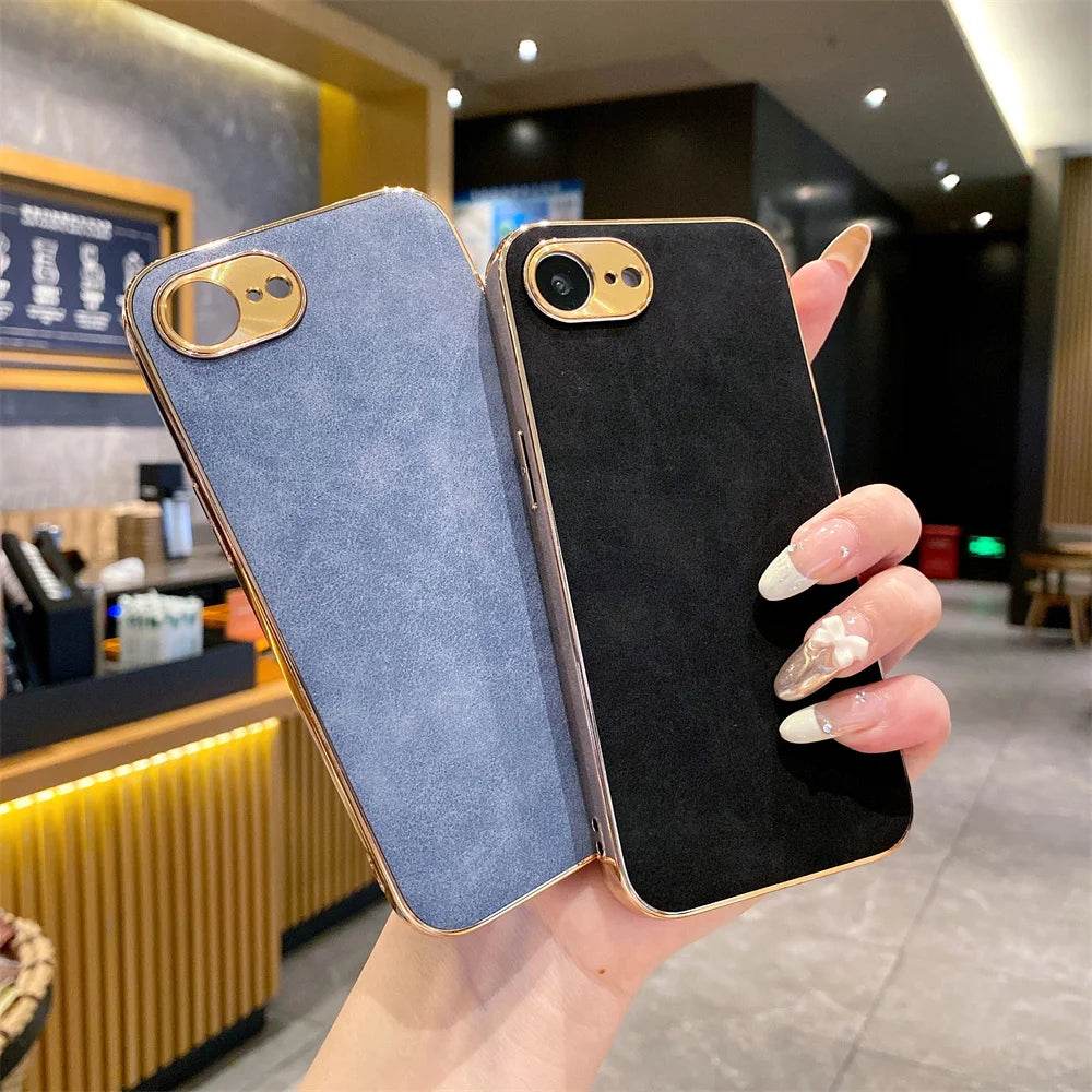 16e Luxury Leather Texture Phone Case For iPhone 16e SE4 16E 2025 Plating Shockproof Frame All Inclusive Metal Lens Back Cover - Touchy Style