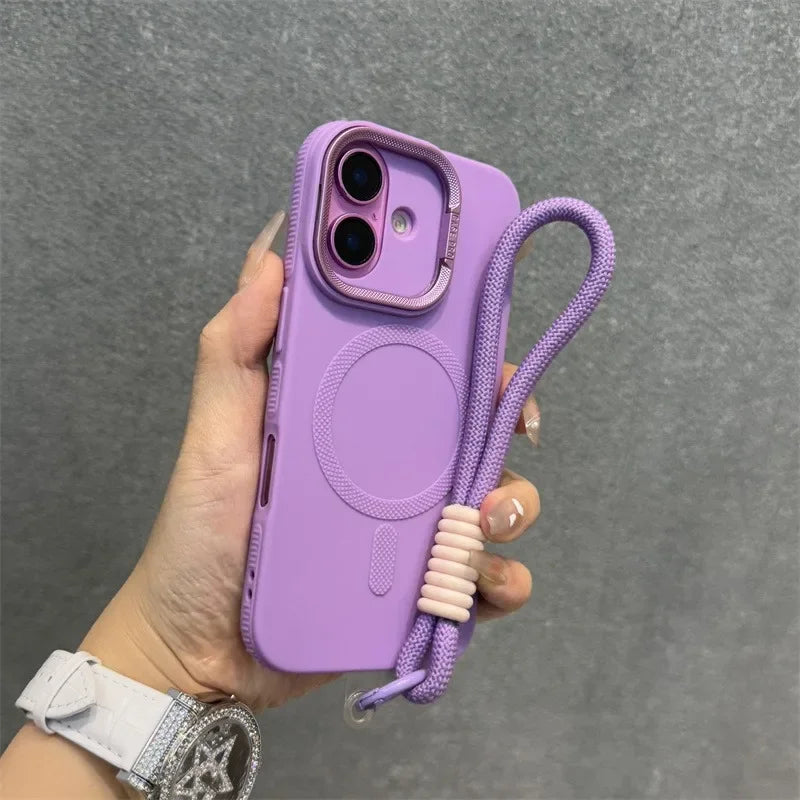 Luxury Camera Lens Stand Holder For Magsafe Case for iPhone 16 15 14 Plus 13 12 Pro Max 11 Matte Soft Lanyard Strap Band Cover