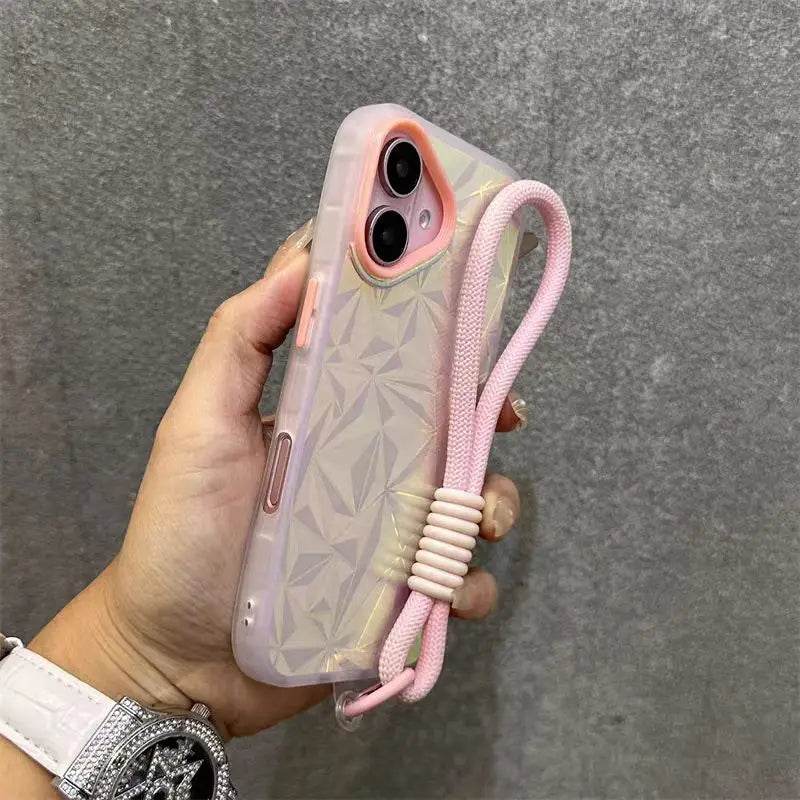 Wrist Strap Laser Diamond Pattern Case For iPhone 16 15 14 13 12 11 Pro Max Plus Dopamine Short Lanyard Shockproof Glitter Cover