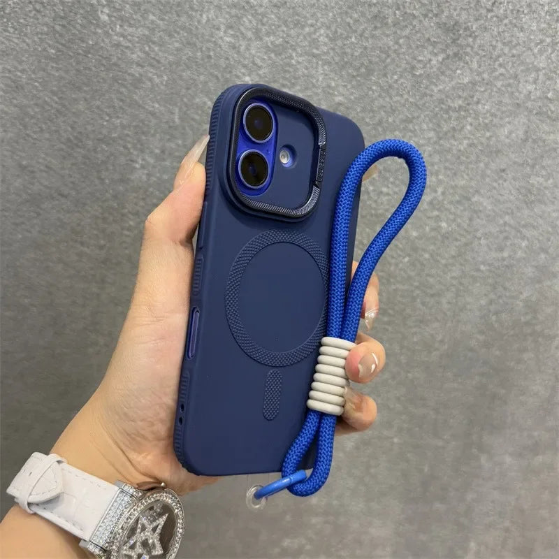 Luxury Camera Lens Stand Holder For Magsafe Case for iPhone 16 15 14 Plus 13 12 Pro Max 11 Matte Soft Lanyard Strap Band Cover