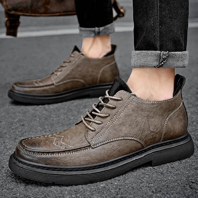 Classic autumn winter casual leather men boots Brogue lace up anti slip soles daily outdoor walking shoes for man - Touchy Style