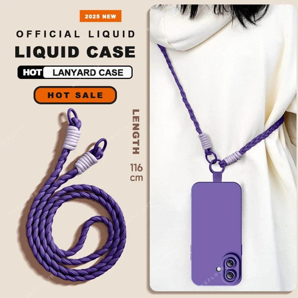 Lanyard Liquid Silicone Phone Case For iPhone 16 14 15 Plus 12 13 Mini 11 16 Pro X XR XS Max 16E SE Strap Protector Soft Cover