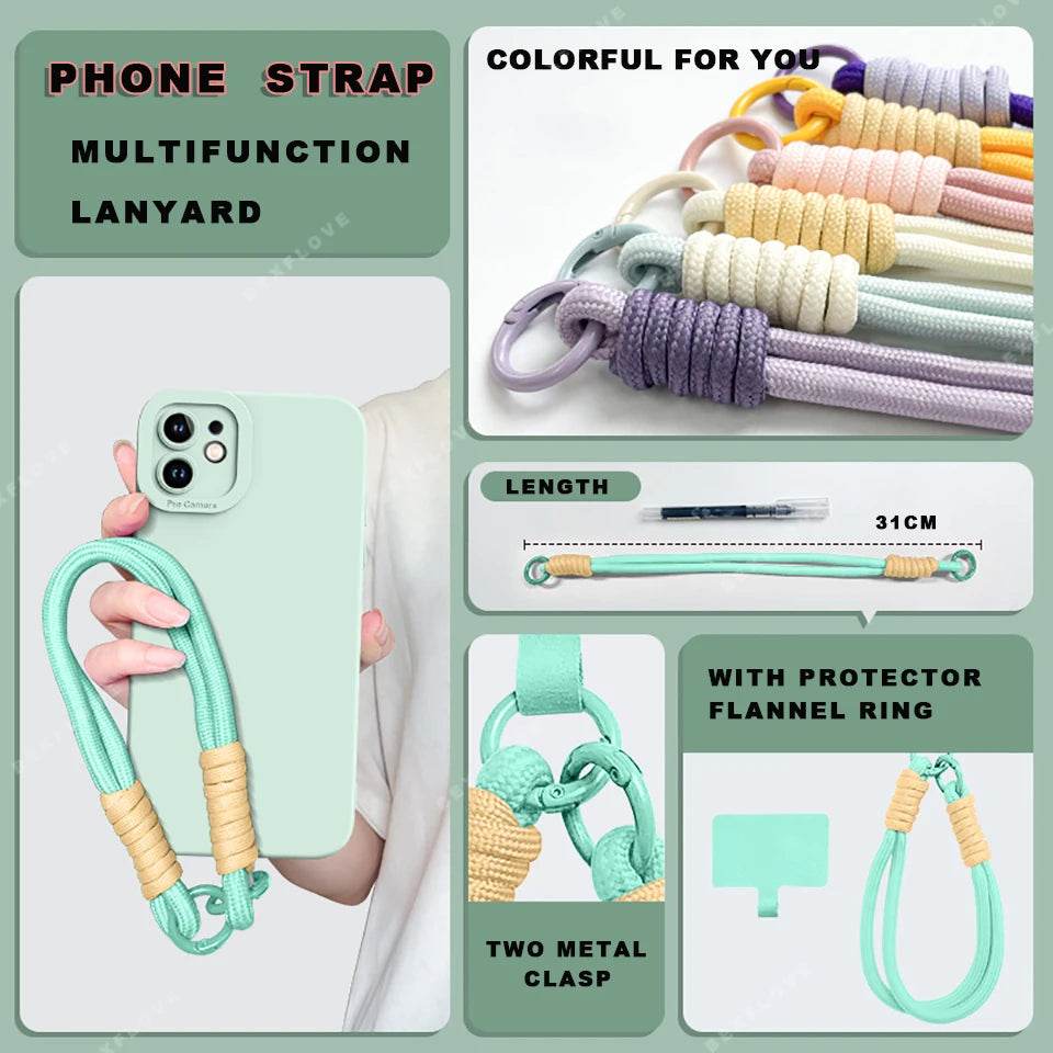 Phone Case For iPhone 16E 16 14 15 Plus 12 13 Mini 11 16 Pro X XR XS Max SE Liquid Silicone Charm Strap Lanyard Protector Cover - Touchy Style