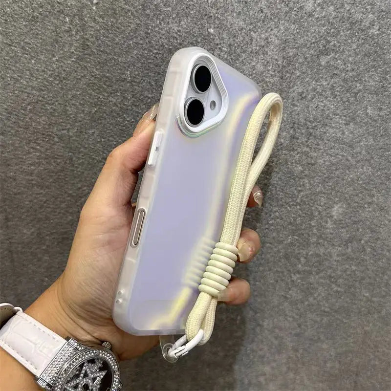 Glitter Laser Matte Wrist Strap Case For iPhone 16 15 14 13 12 11 Pro Max 8 7 Plus XR XS X SE Colorful Lanyard Shockproof Cover