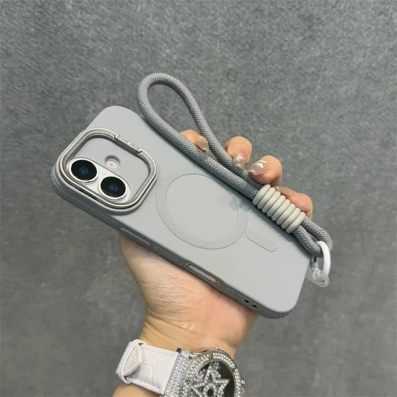 Luxury Camera Lens Stand Holder For Magsafe Case for iPhone 16 15 14 Plus 13 12 Pro Max 11 Matte Soft Lanyard Strap Band Cover