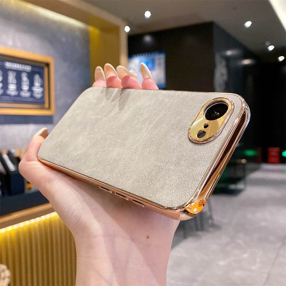16e Luxury Leather Texture Phone Case For iPhone 16e SE4 16E 2025 Plating Shockproof Frame All Inclusive Metal Lens Back Cover - Touchy Style