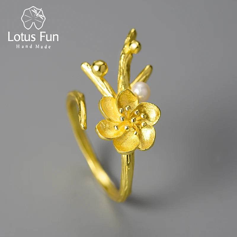 Lotus Fun Natural Pearl Adjustable Vintage Winter Blossom and Snow Flower Rings for Women Gift 925 Sterling Silver Fine Jewelry - Touchy Style