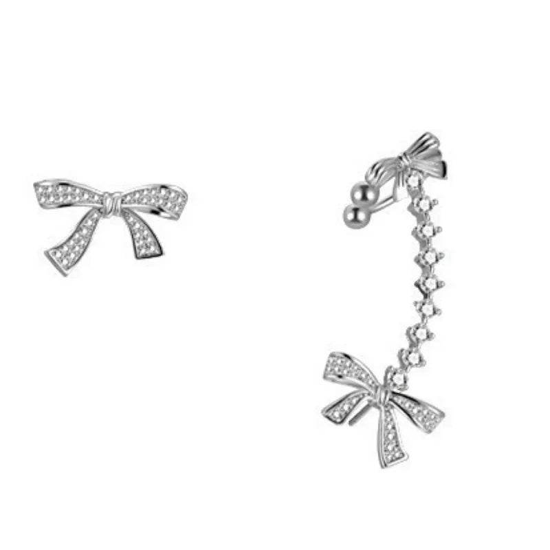 PANJBJ 925 Sterling Silver Bowknot Studs Earring for Women Zircon Asymmetric Originality Versatile Jewelry Gift Dropshipping - Touchy Style