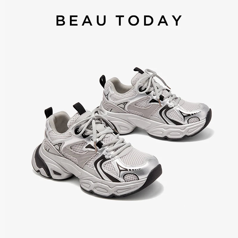 BEAUTODAY Sliver Chunky Sneakers Women Split Leather Mesh Patchwork Lace-up Closure Spring Female Leisure Shoes Handmade A29465