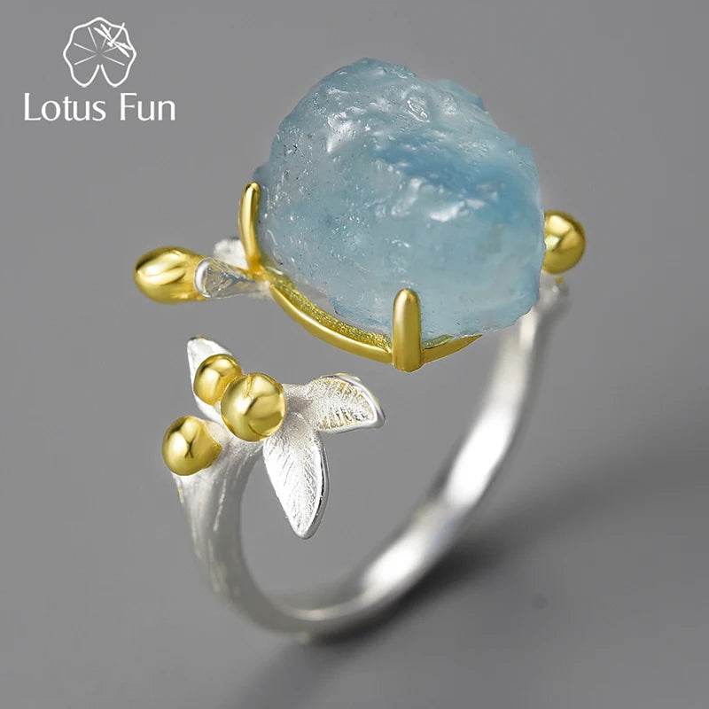 Lotus Fun 18K Gold Natural Aquamarine Gemstone Flower Adjustable Rings for Women Real 925 Sterling Silver Fine Luxury Jewelry - Touchy Style