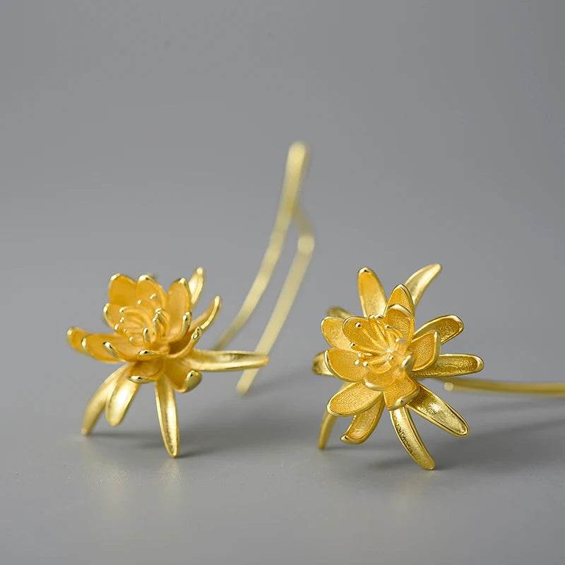 Lotus Fun 18K Gold Night-Blooming Cereus Flower Long Dangle Earrings for Women 925 Sterling Silver Original Luxury Fine Jewelry - Touchy Style