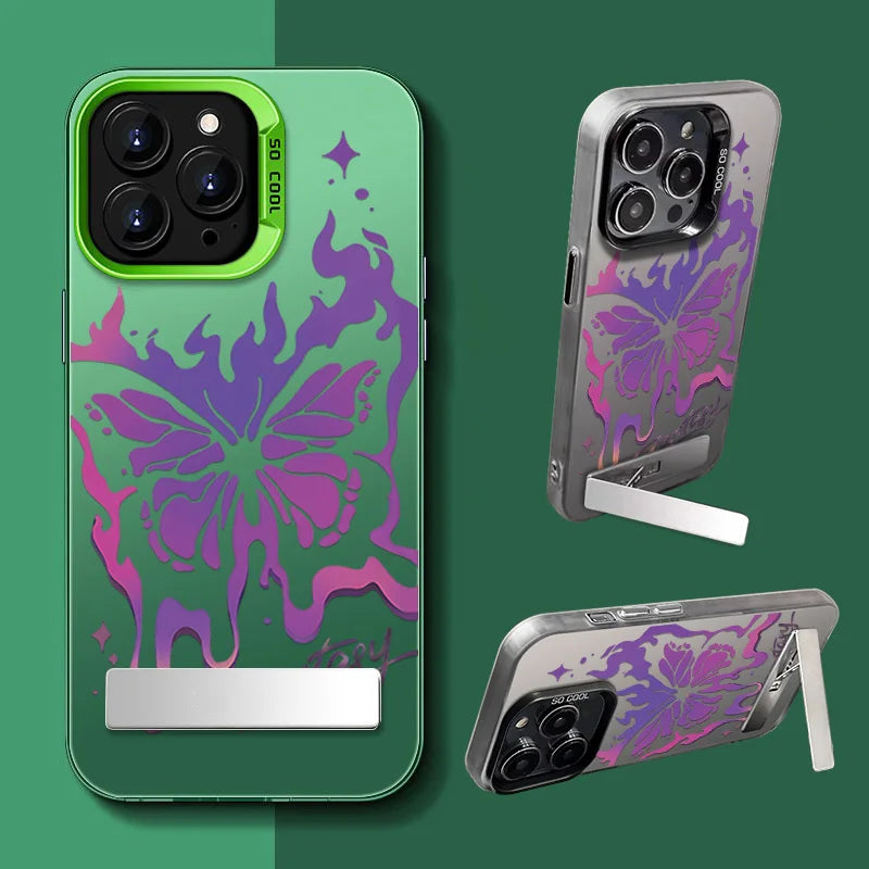 Purple Butterfly Phone Holder Case for iPhone 15 16 14 13 12 11 Pro Max X Xs Max XR 7 8 Plus Mini Luxury Aurora Stand Cover
