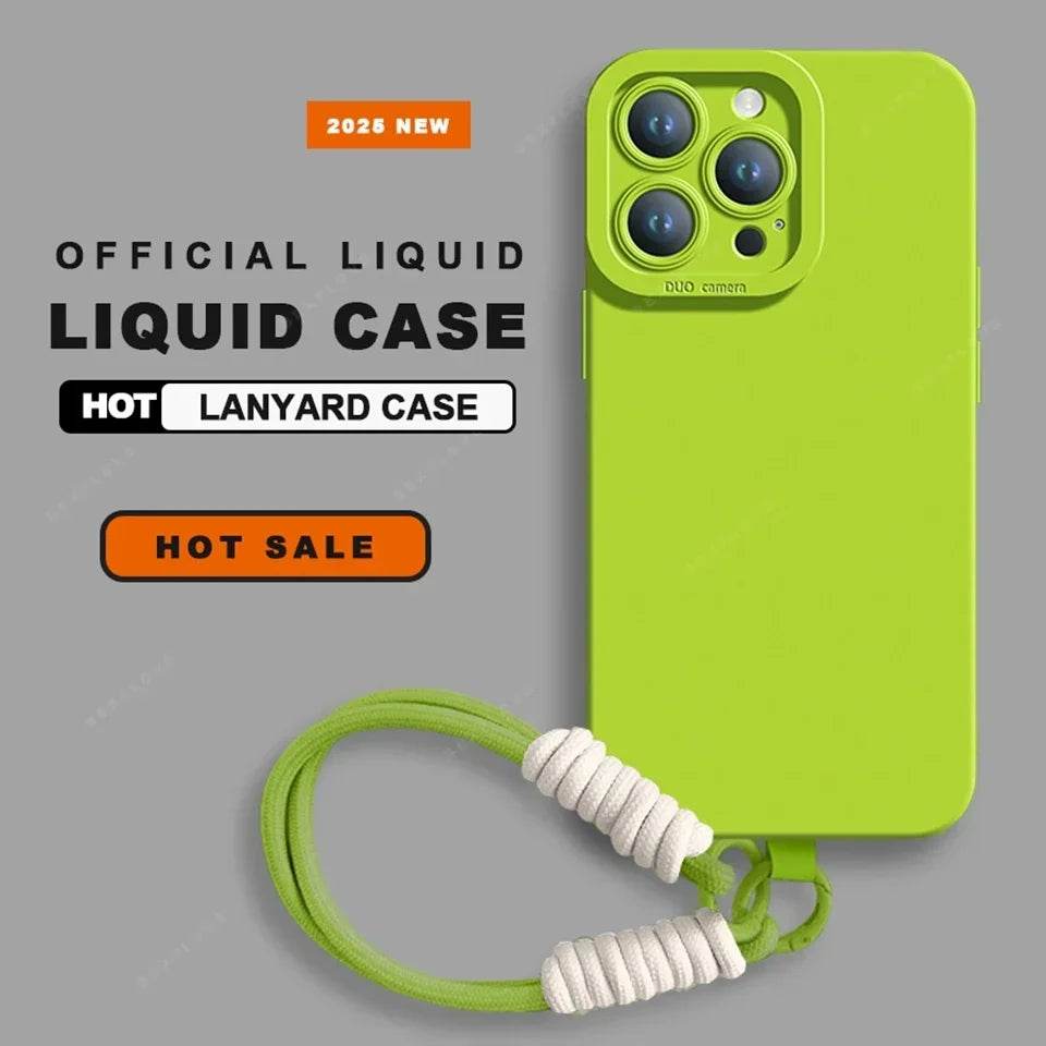 Phone Case For iPhone 16E 16 14 15 Plus 12 13 Mini 11 16 Pro X XR XS Max SE Liquid Silicone Charm Strap Lanyard Protector Cover - Touchy Style